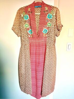 ✨ Johnny Was Embroidered Mixed Print Tunic Dress Luxe Boho Silk Blend Artisan